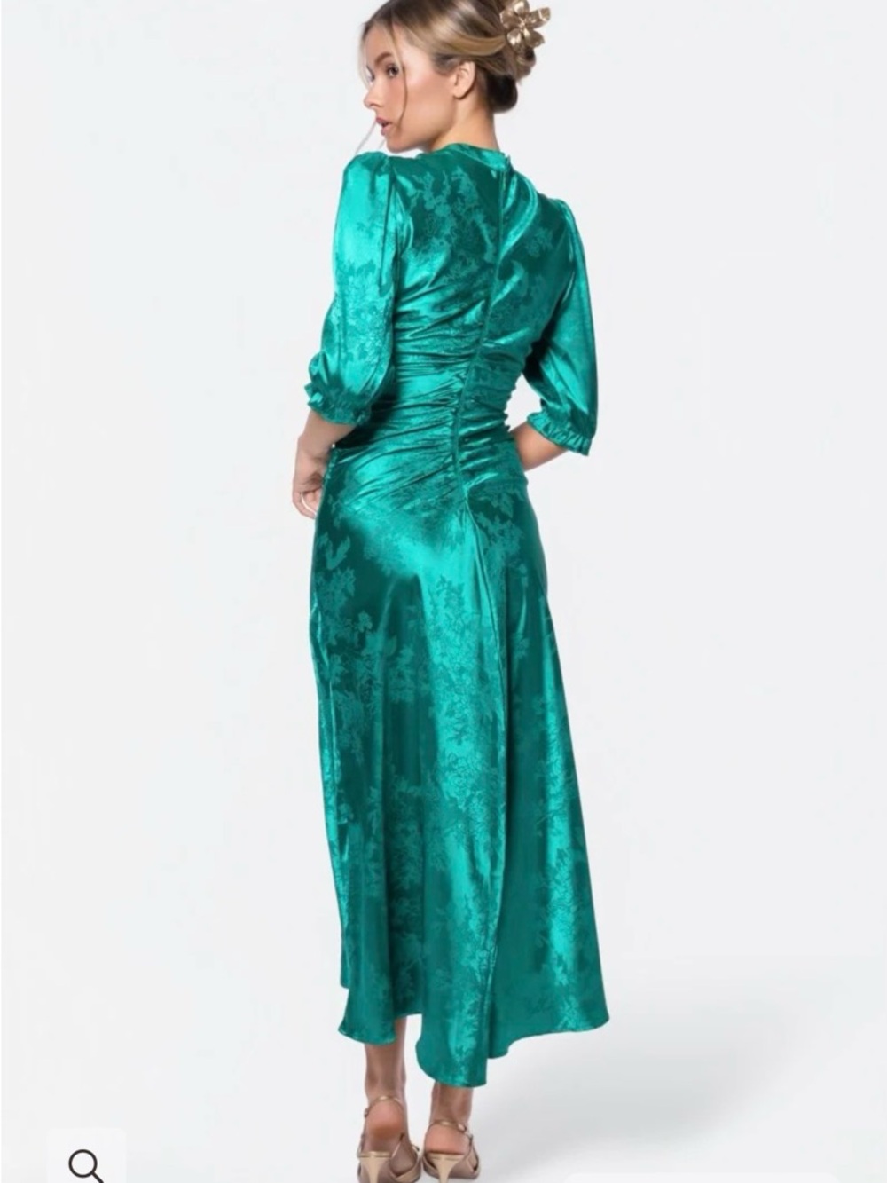 Satin Ruched-Back Midi Dress in Emerald Green